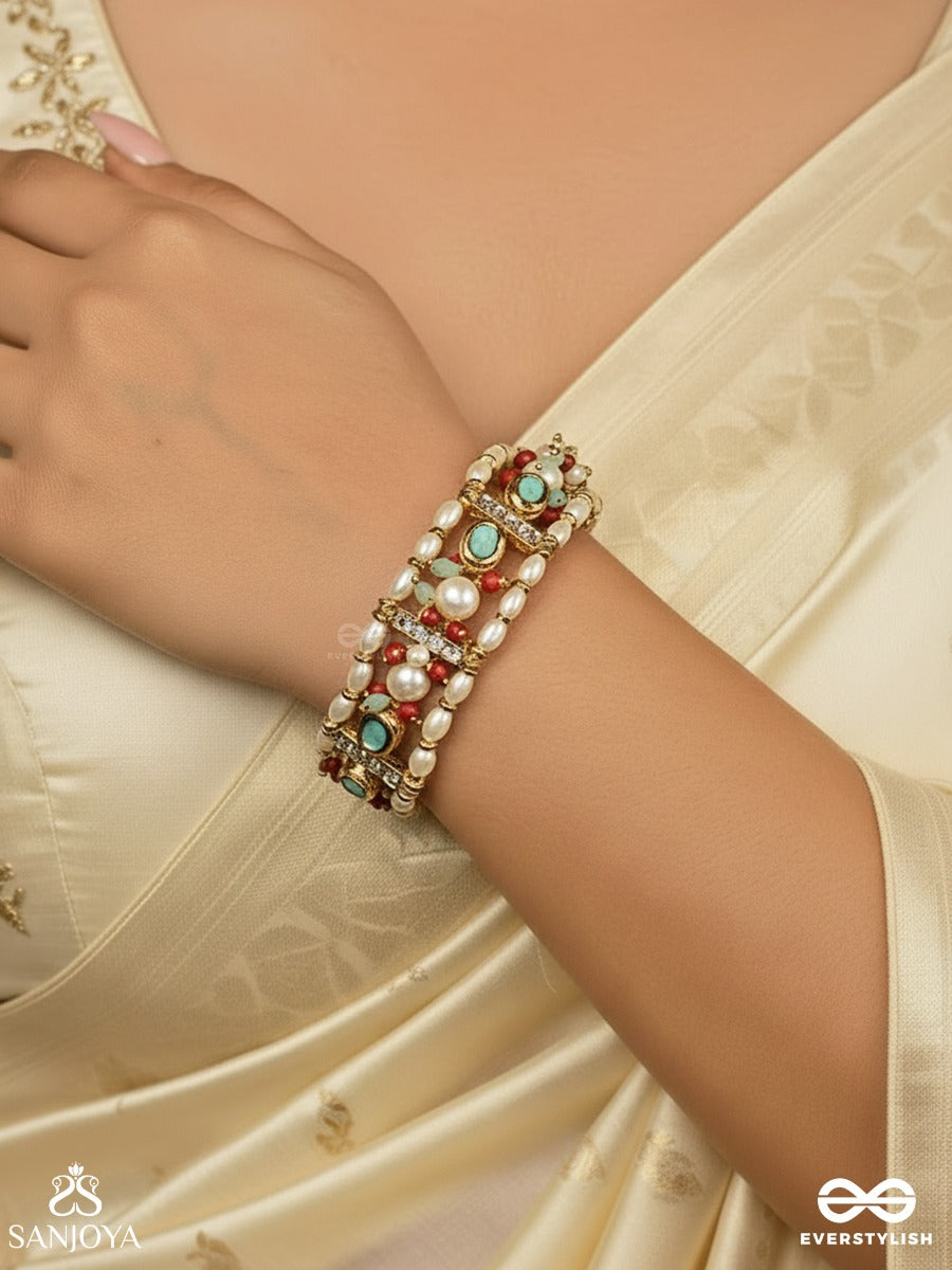 Rangvasant - Colours Of Spring - Linked Bracelet With Red Enamel Panels, Mint Stone Accents And Pearl Clusters