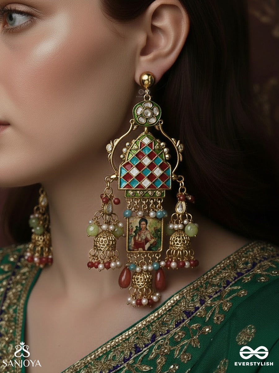 Rangdarshan - Vision In Colour - Ornamented Earring With Checkered Enamel Work, Mini Jhumkas And Multi-Colour Bead Accents