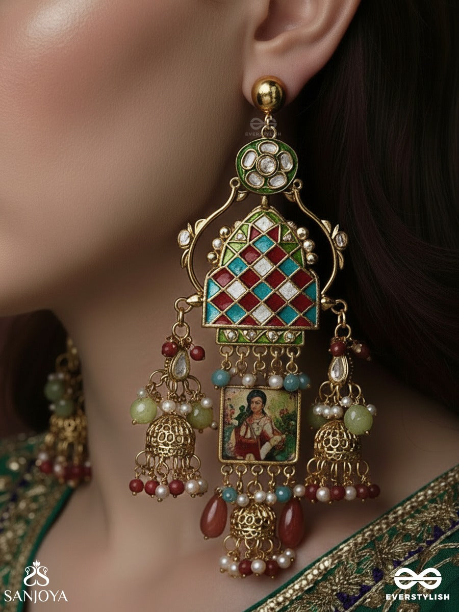 Rangdarshan - Vision In Colour - Ornamented Earring With Checkered Enamel Work, Mini Jhumkas And Multi-Colour Bead Accents