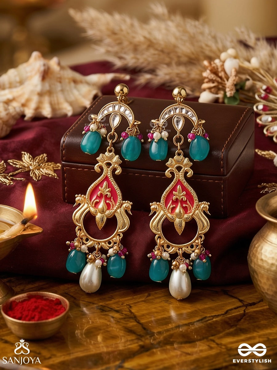Kamalini - Lotus In Bloom - Ornate Gold-Tone Earrings With Enamel Detail, Teal And White Beads And Pearl Drop