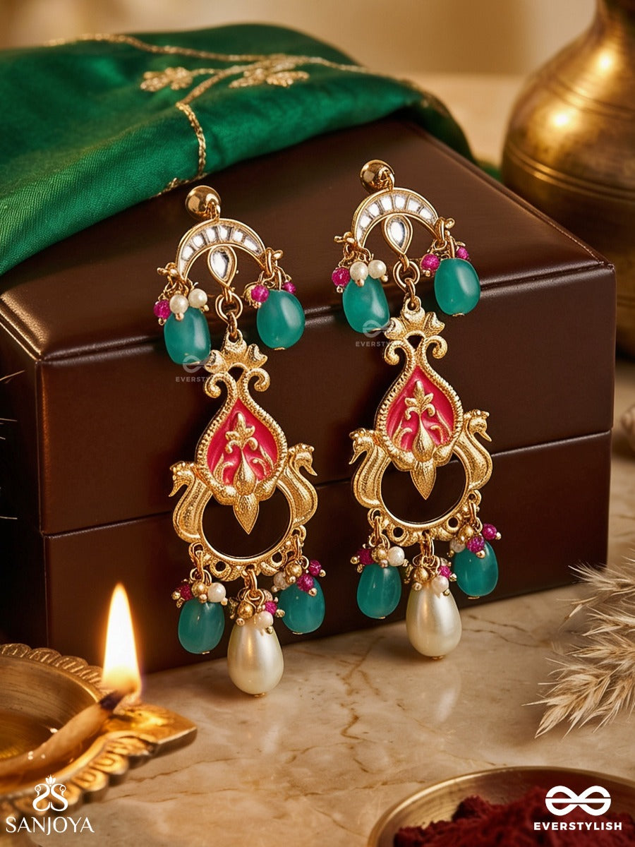 Kamalini - Lotus In Bloom - Ornate Gold-Tone Earrings With Enamel Detail, Teal And White Beads And Pearl Drop