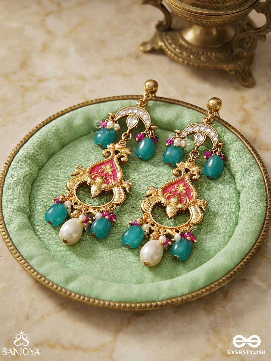 Kamalini - Lotus In Bloom - Ornate Gold-Tone Earrings With Enamel Detail, Teal And White Beads And Pearl Drop