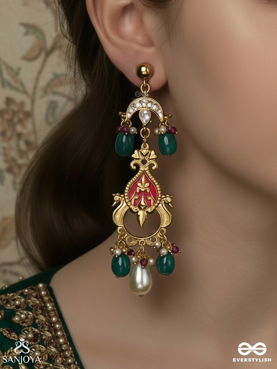 Kamalini - Lotus In Bloom - Ornate Gold-Tone Earrings With Enamel Detail, Teal And White Beads And Pearl Drop