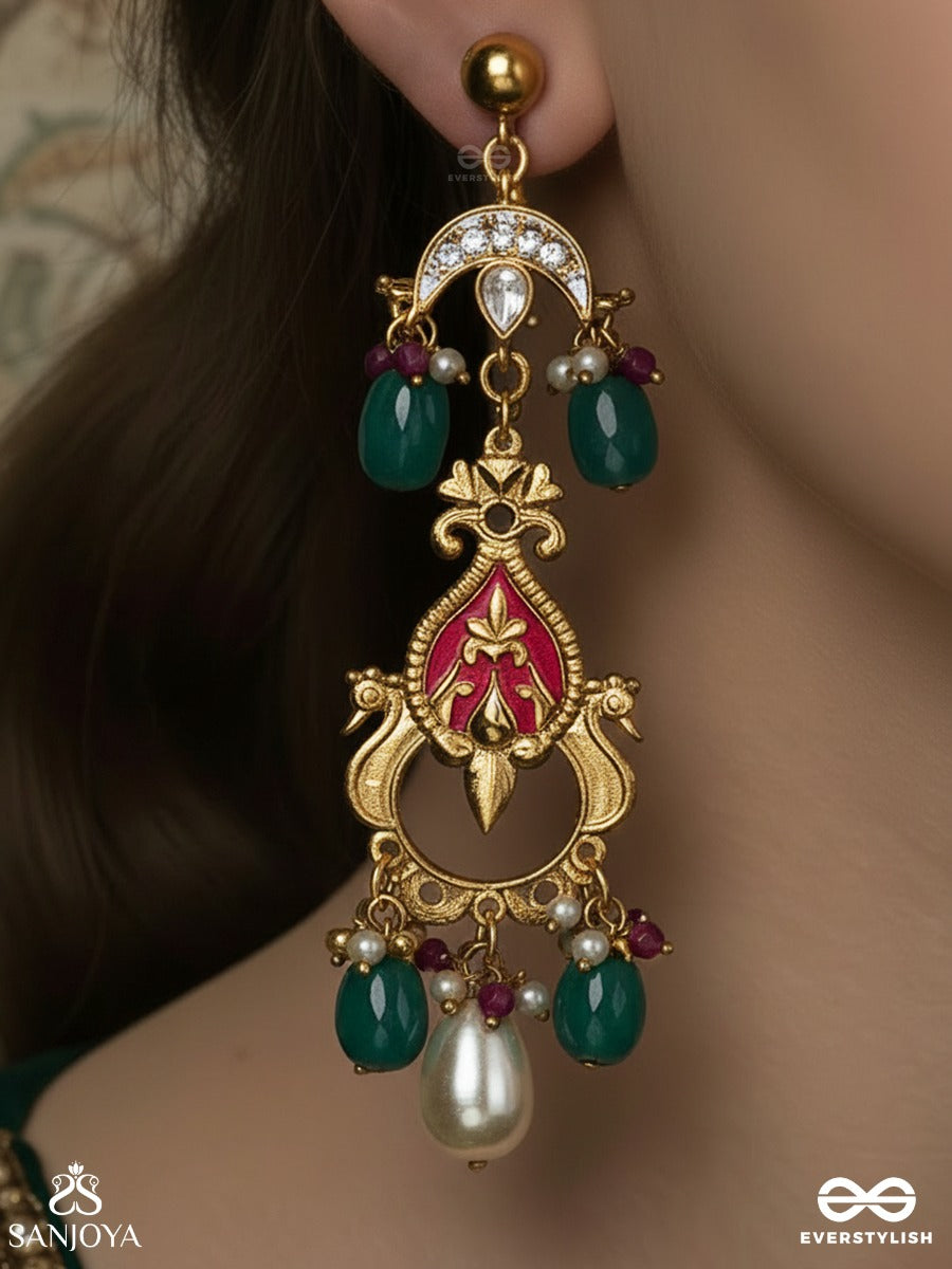 Kamalini - Lotus In Bloom - Ornate Gold-Tone Earrings With Enamel Detail, Teal And White Beads And Pearl Drop