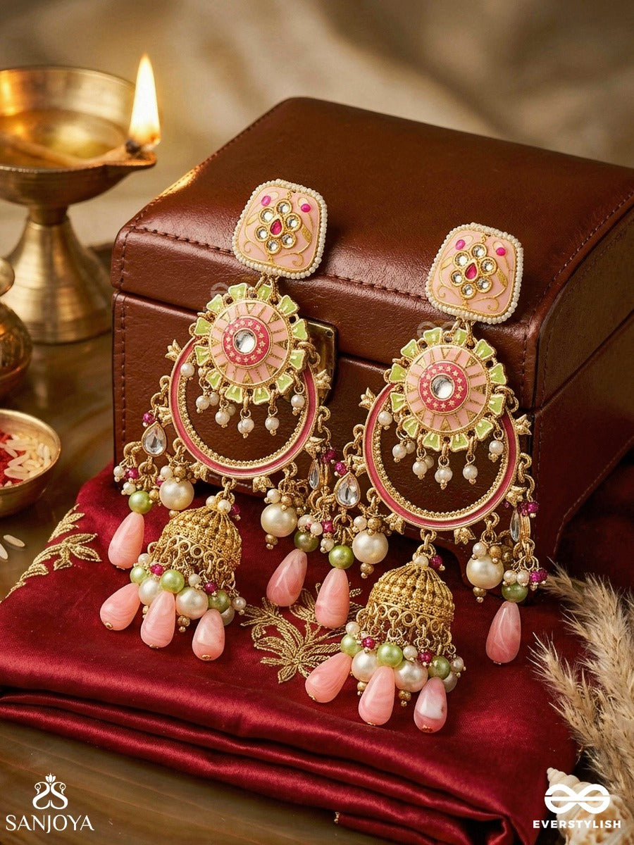 Padmrekha - Outline Of The Lotus - Ornamental Earrings With Floral Enamel Work, Peach Multi-Hanging Bead Details And A Classic Jhumka Form