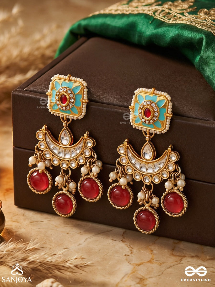 Ratnavalli-Garland Of Gems - Golden Enamel Charm Earrings With Turquoise Center And Red Triple Drops