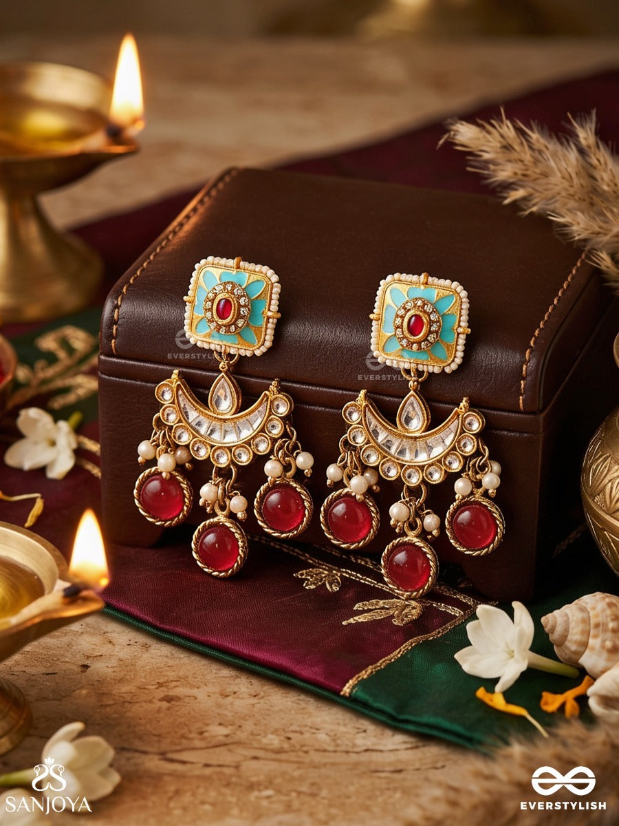 Ratnavalli-Garland Of Gems - Golden Enamel Charm Earrings With Turquoise Center And Red Triple Drops