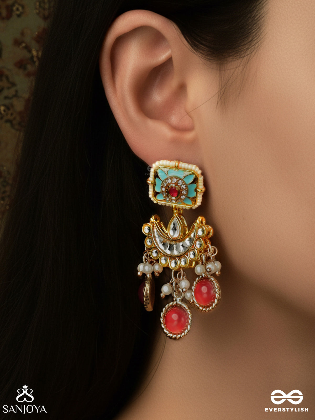 Ratnavalli-Garland Of Gems - Golden Enamel Charm Earrings With Turquoise Center And Red Triple Drops
