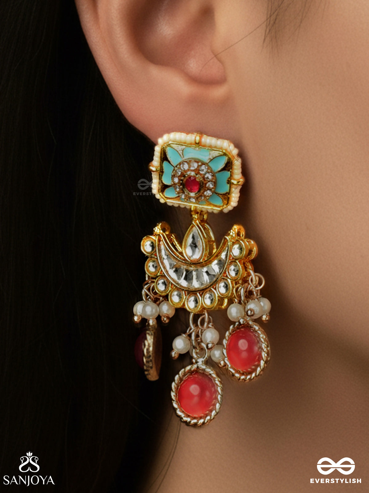 Ratnavalli-Garland Of Gems - Golden Enamel Charm Earrings With Turquoise Center And Red Triple Drops