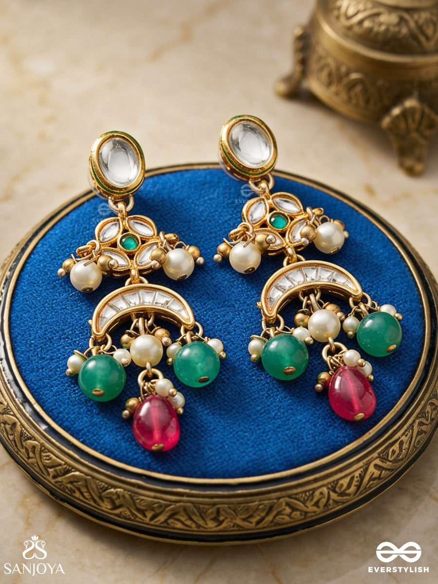 Shubhangi - Auspicious Beauty - Delicate Golden Earrings With Pearls, Emerald Beads And Magenta Drop