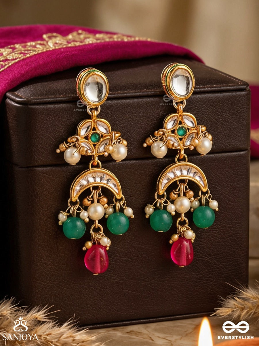 Shubhangi - Auspicious Beauty - Delicate Golden Earrings With Pearls, Emerald Beads And Magenta Drop