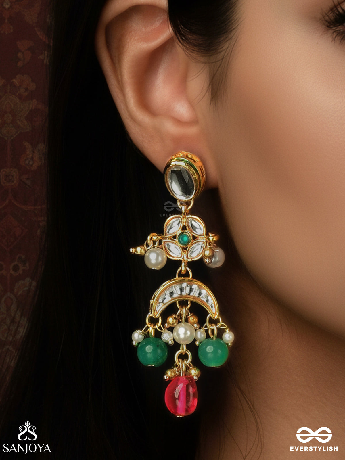 Shubhangi - Auspicious Beauty - Delicate Golden Earrings With Pearls, Emerald Beads And Magenta Drop