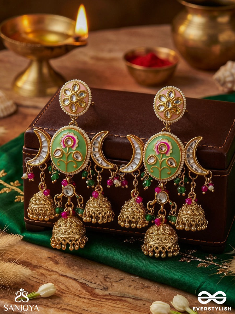 Kalanidhi - Treasure Of Art - Ornate Crescent Gold Drop Earrings With Enamel And Triple Bells