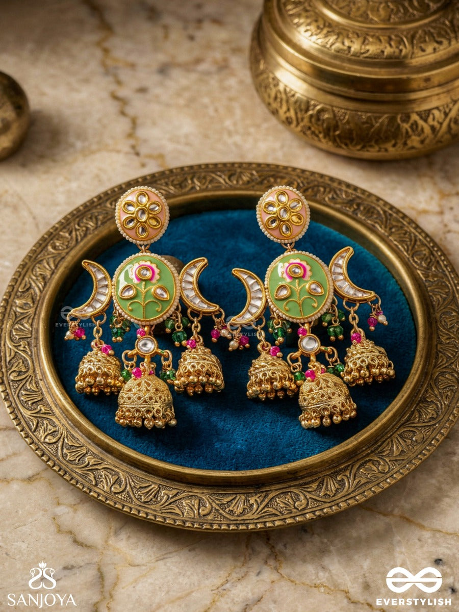 Kalanidhi - Treasure Of Art - Ornate Crescent Gold Drop Earrings With Enamel And Triple Bells