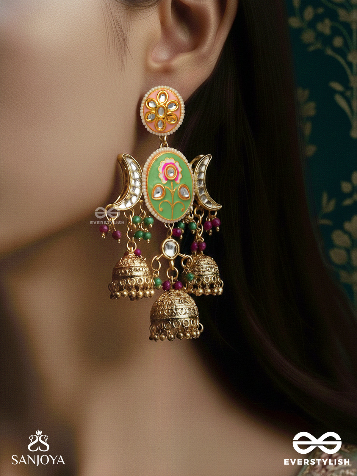 Kalanidhi - Treasure Of Art - Ornate Crescent Gold Drop Earrings With Enamel And Triple Bells