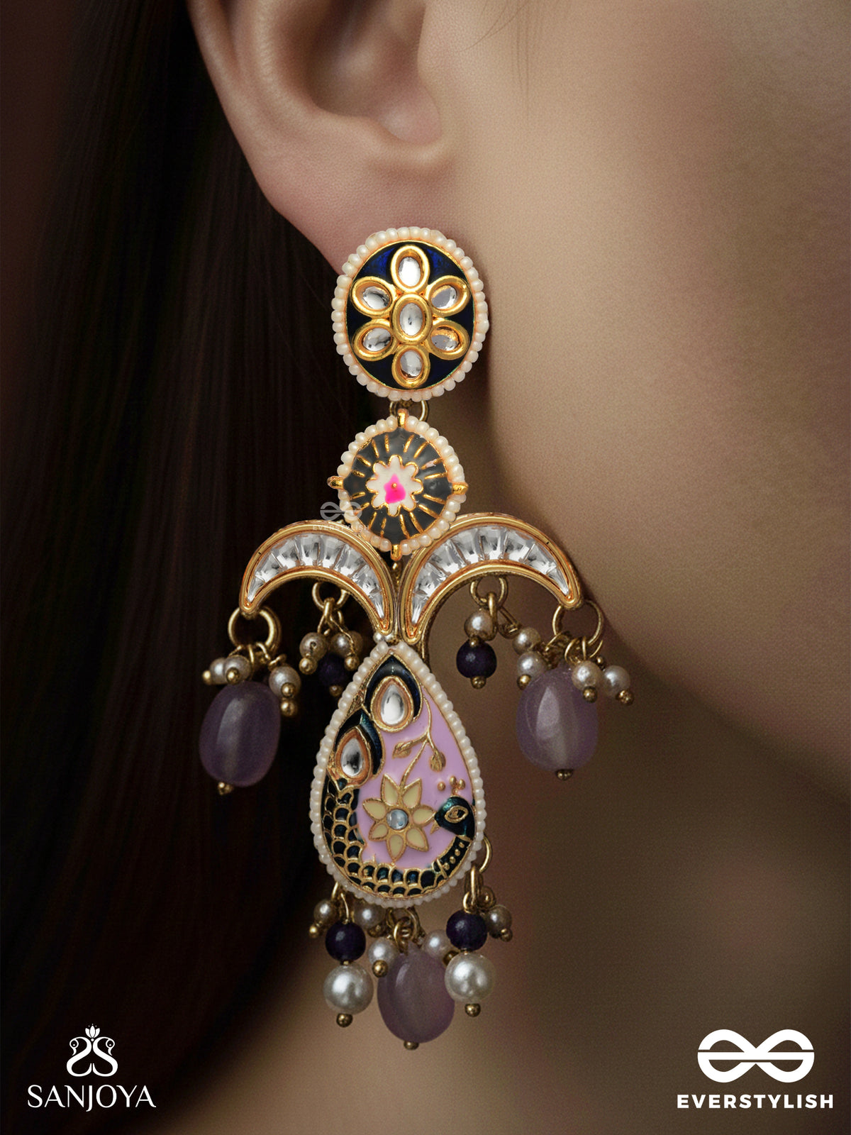 Mrigika - Soft Beauty - Gold Teardrop Charm Earrings With Lavender Drops