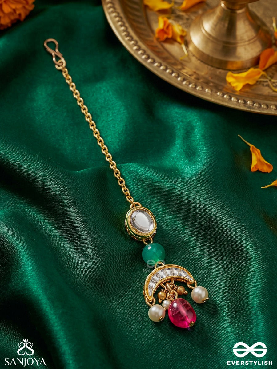 Sugandhika - Fragrant Bloom - Golden Charm Maangtika With Green Bead And Bright Pink Droplet