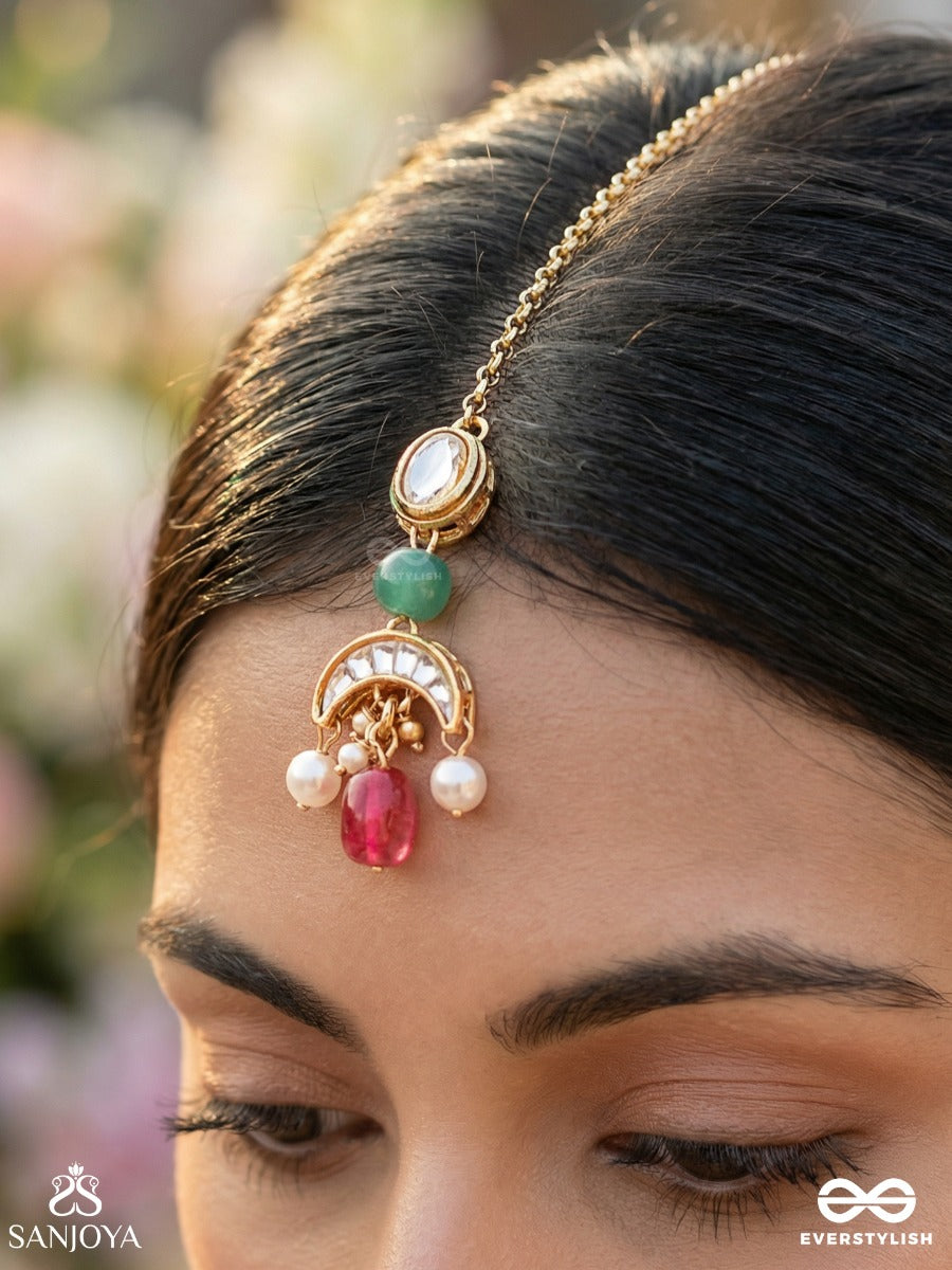 Sugandhika - Fragrant Bloom - Golden Charm Maangtika With Green Bead And Bright Pink Droplet