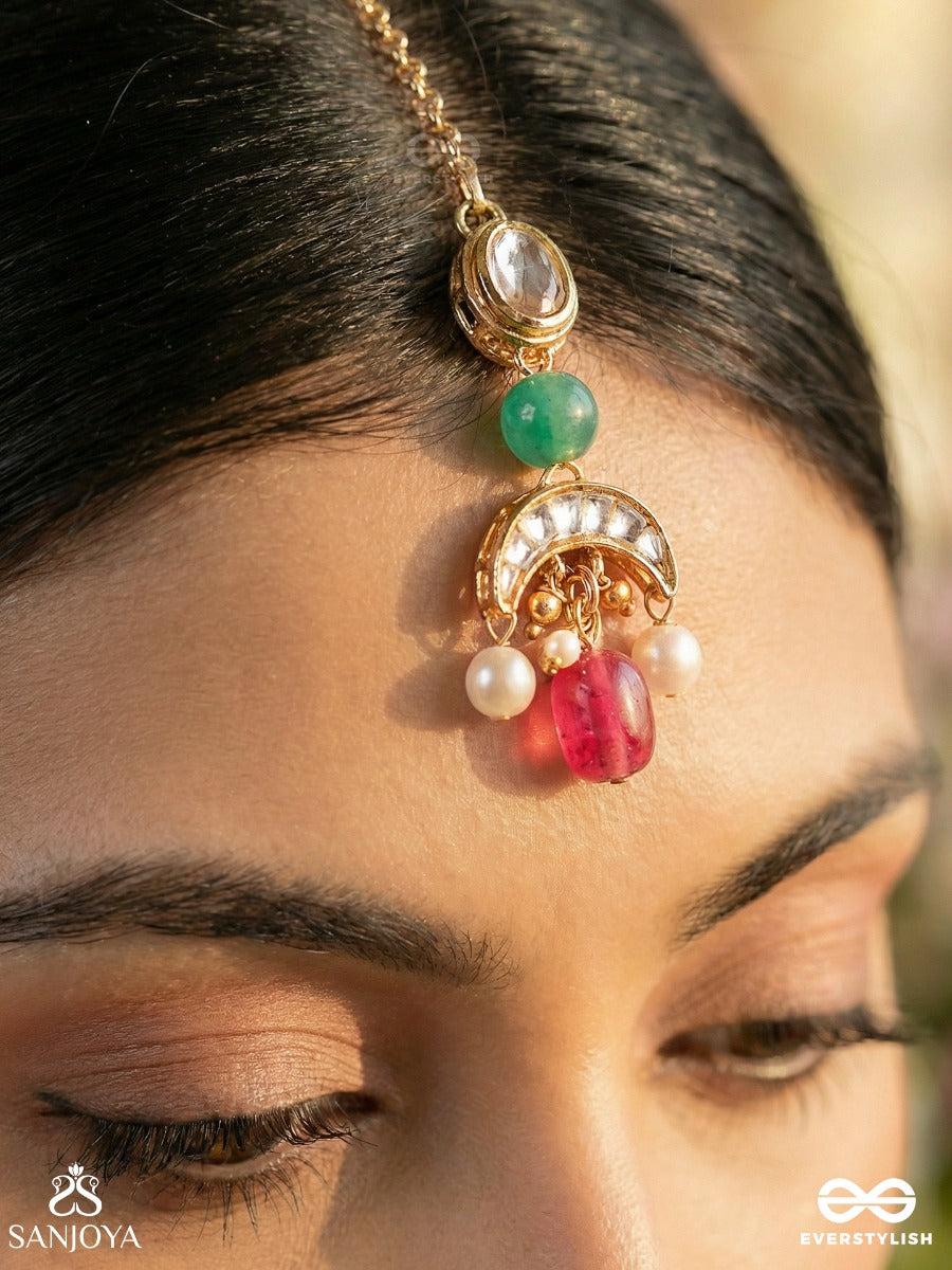 Sugandhika - Fragrant Bloom - Golden Charm Maangtika With Green Bead And Bright Pink Droplet