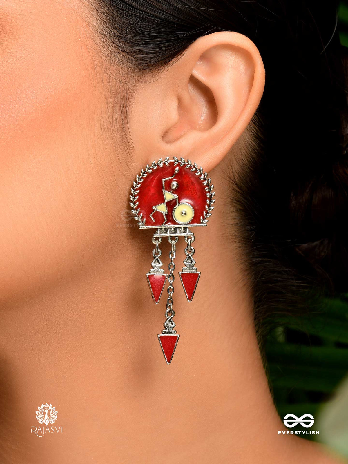 Tribal Rise - Oxidised Enamelled Earring With Folk Figure