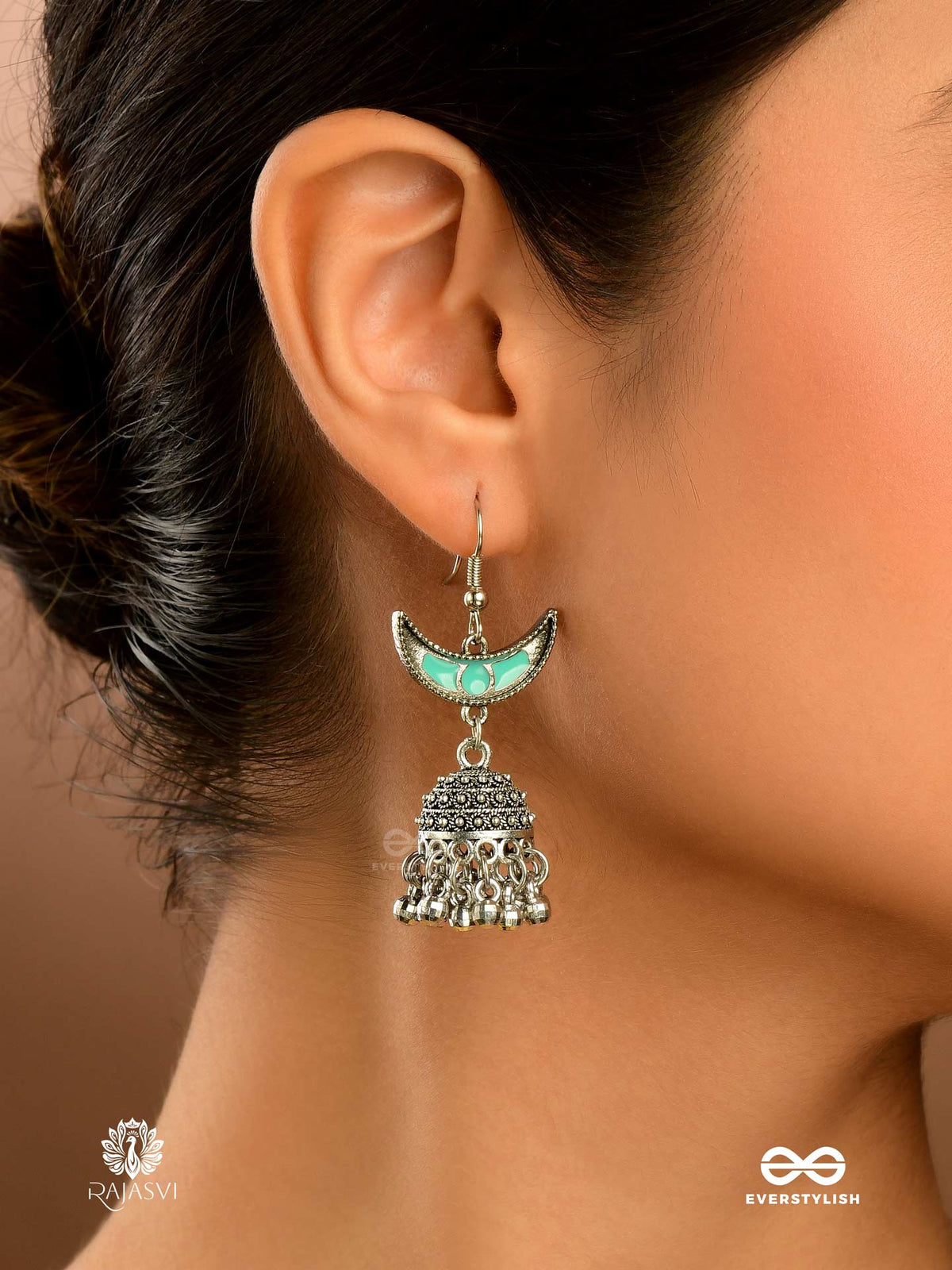 Neel Chaand- Enamelled Oxidised Crescent Earring
