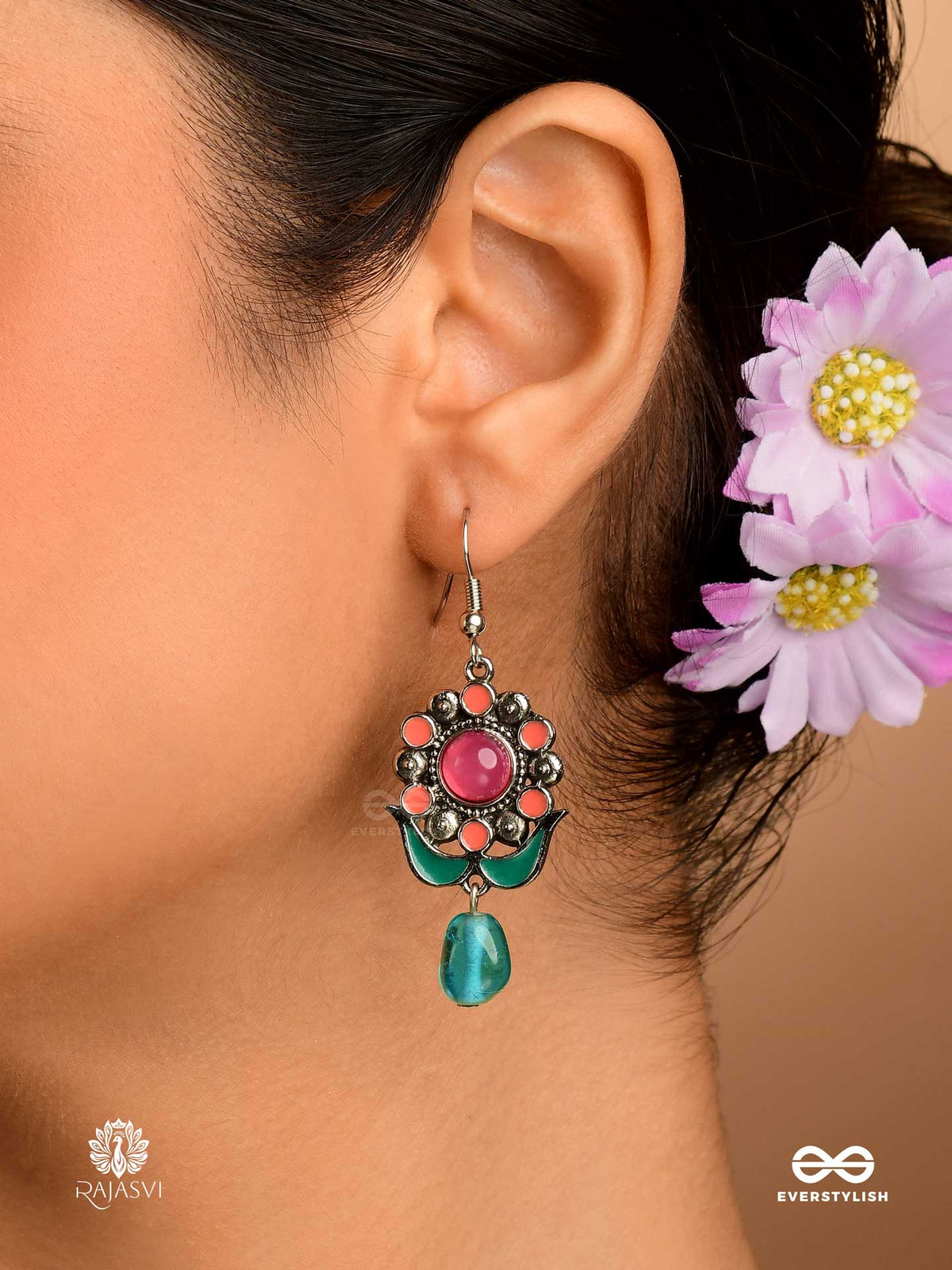 Bloom Burst - Red Enamel Flower Jodhpuri Jhumkas