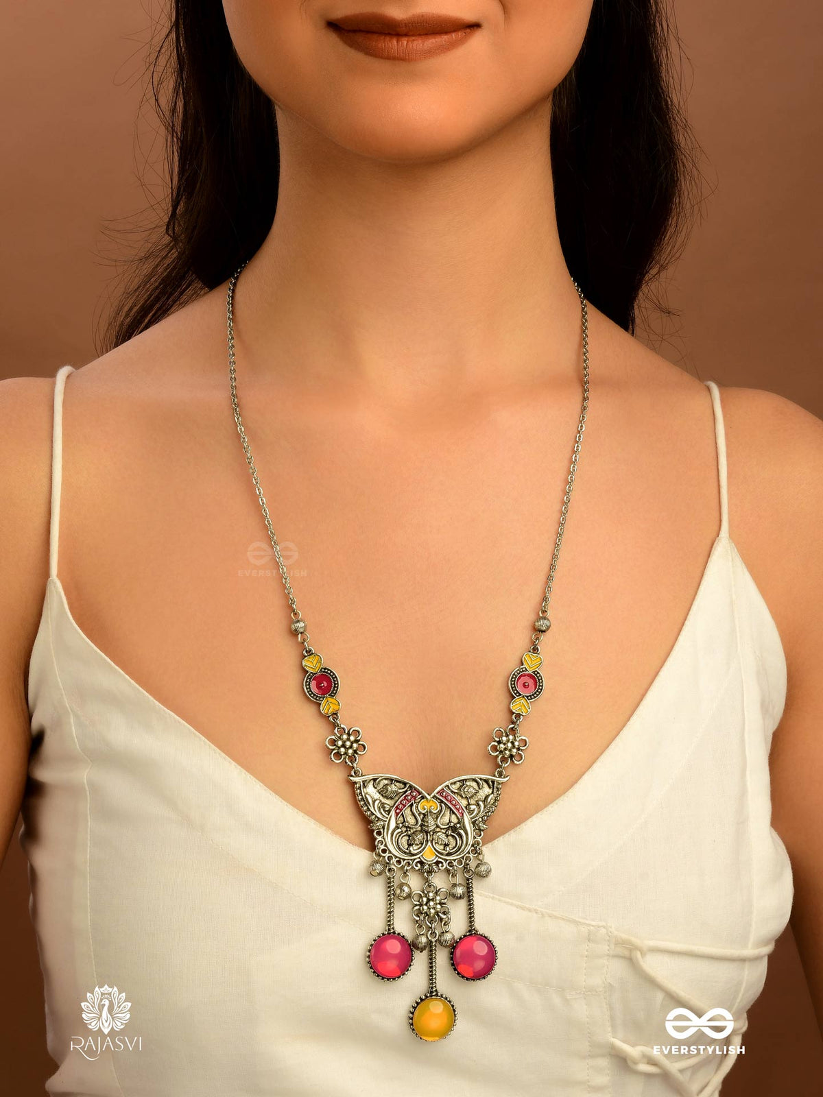 Winged Bloom - Vibrant Enamel Butterfly Necklace