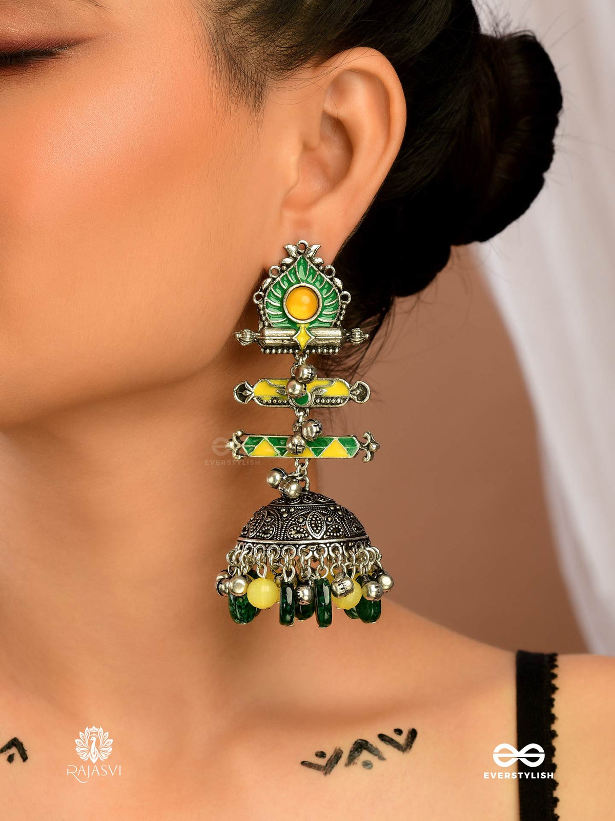 Folk Bloom - Oxidised Enamel Jodhpuri Jhumkas