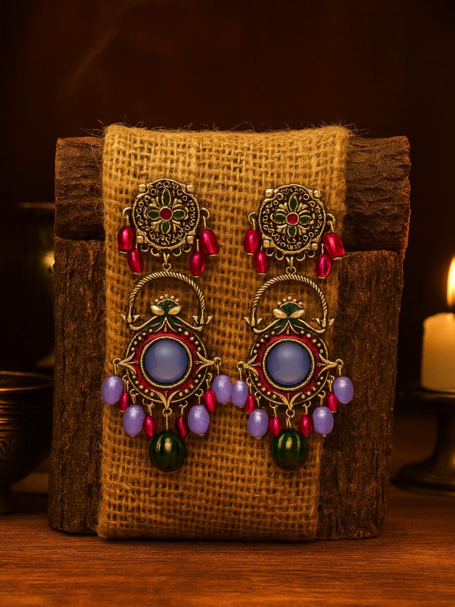 Mandala Bloom - Artistic Folk Oxidised Jodhpuri Jhumkas