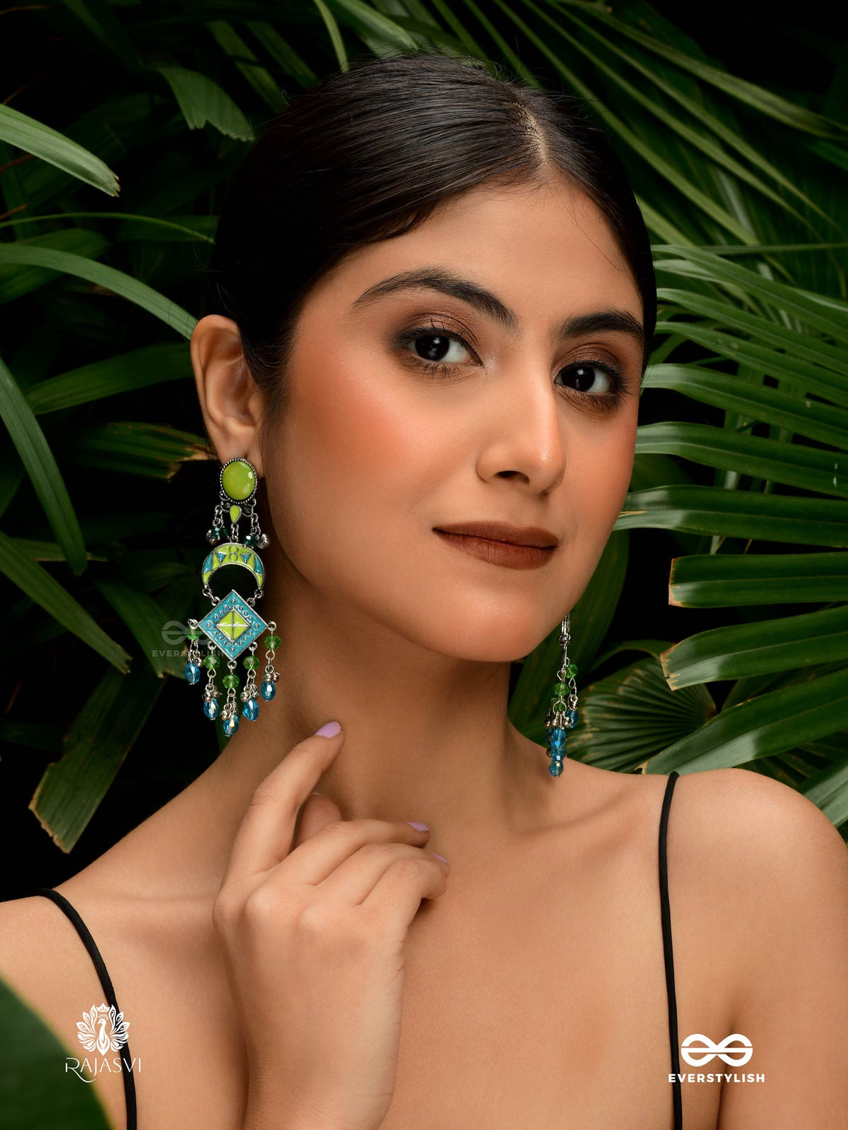 Mint Meadow- Enamelled Oxidised Jodhpuri Jhumkas