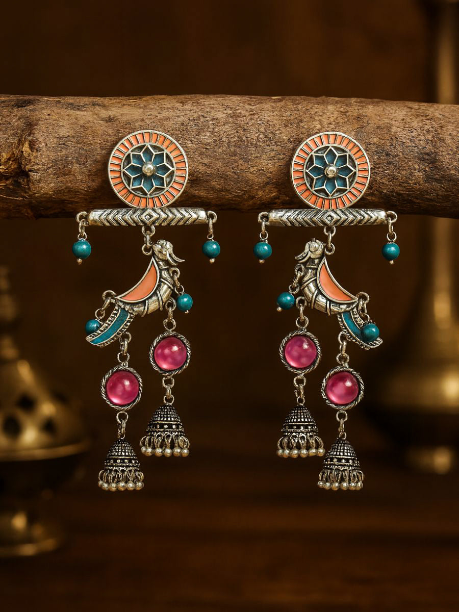 Chirpy Beats - Quirky Enamelled Oxidised Earrings