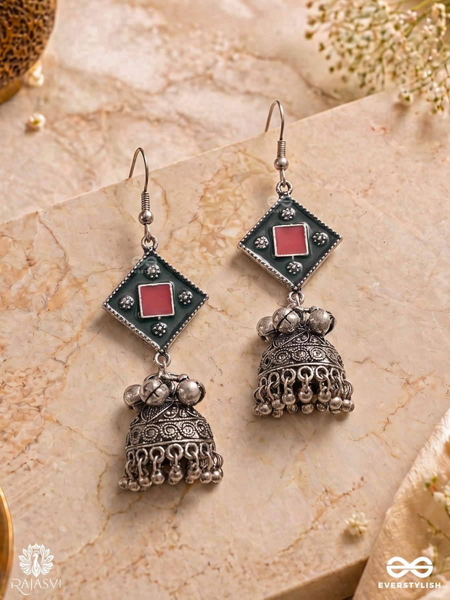 Folk Flair - Enamelled Oxidised Jodhpuri Jhumkas With Dome Drop