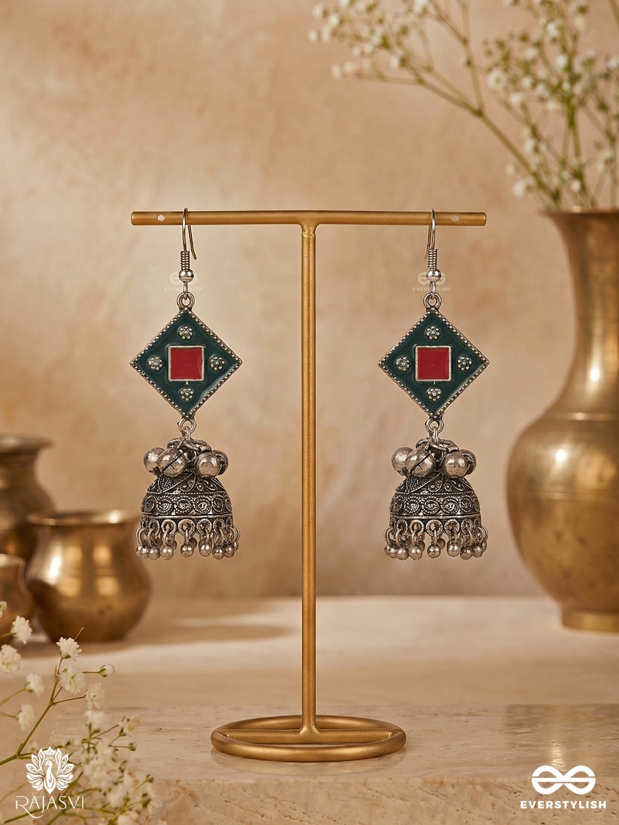Folk Flair - Enamelled Oxidised Jodhpuri Jhumkas With Dome Drop