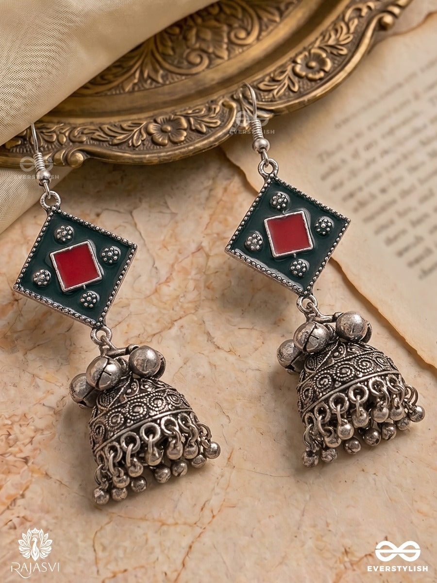 Folk Flair - Enamelled Oxidised Jodhpuri Jhumkas With Dome Drop