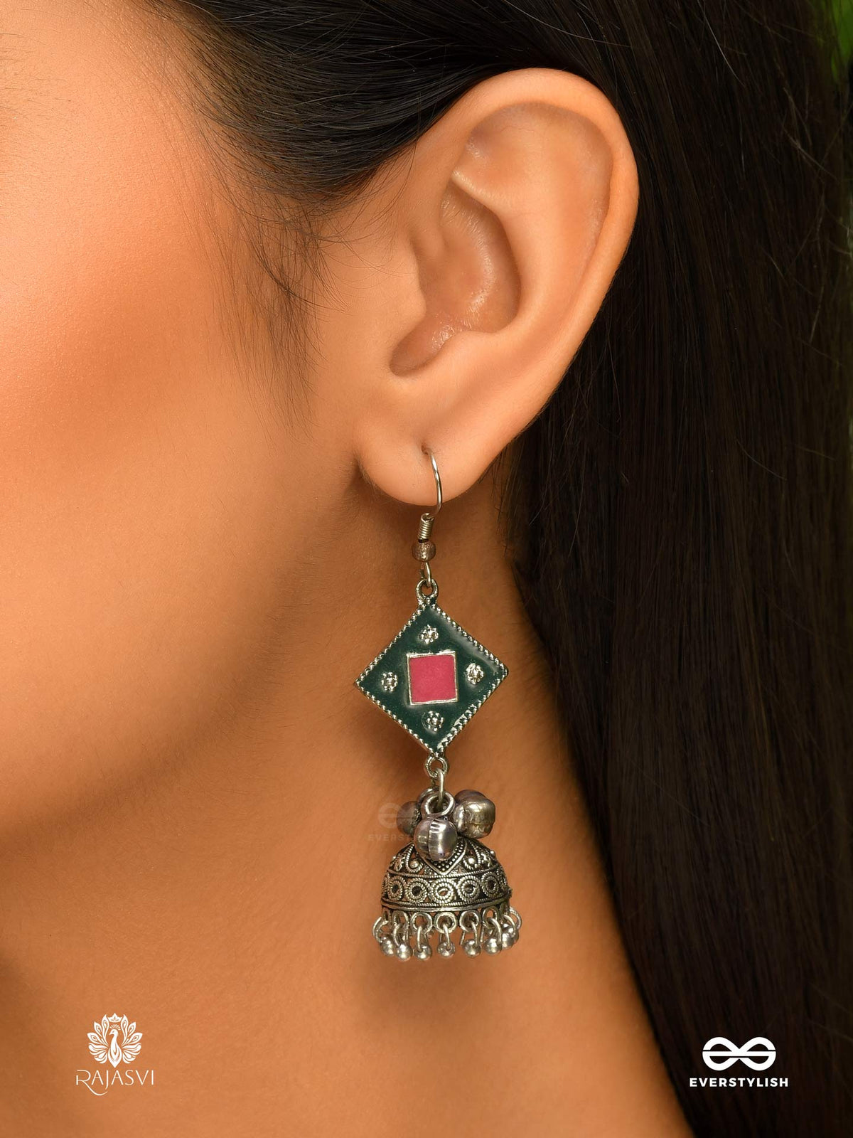 Folk Flair - Enamelled Oxidised Jodhpuri Jhumkas With Dome Drop