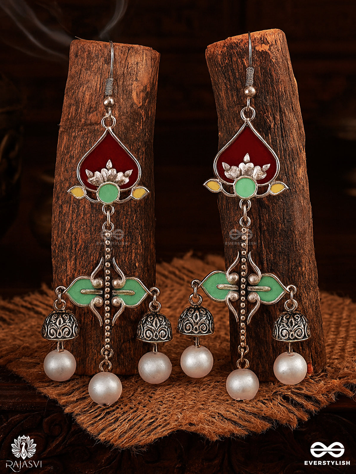 Pearl Bloom - Folk Oxidised Enamelled Earring