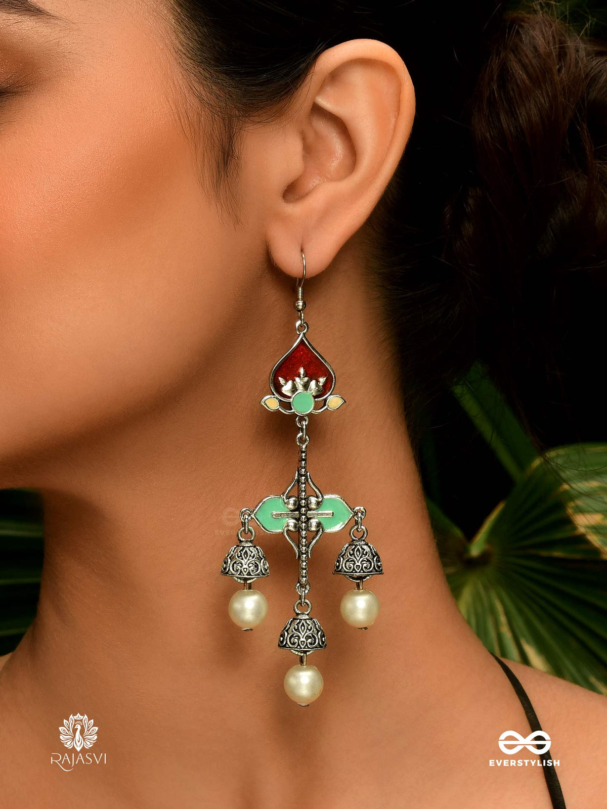 Pearl Bloom - Folk Oxidised Enamelled Earring