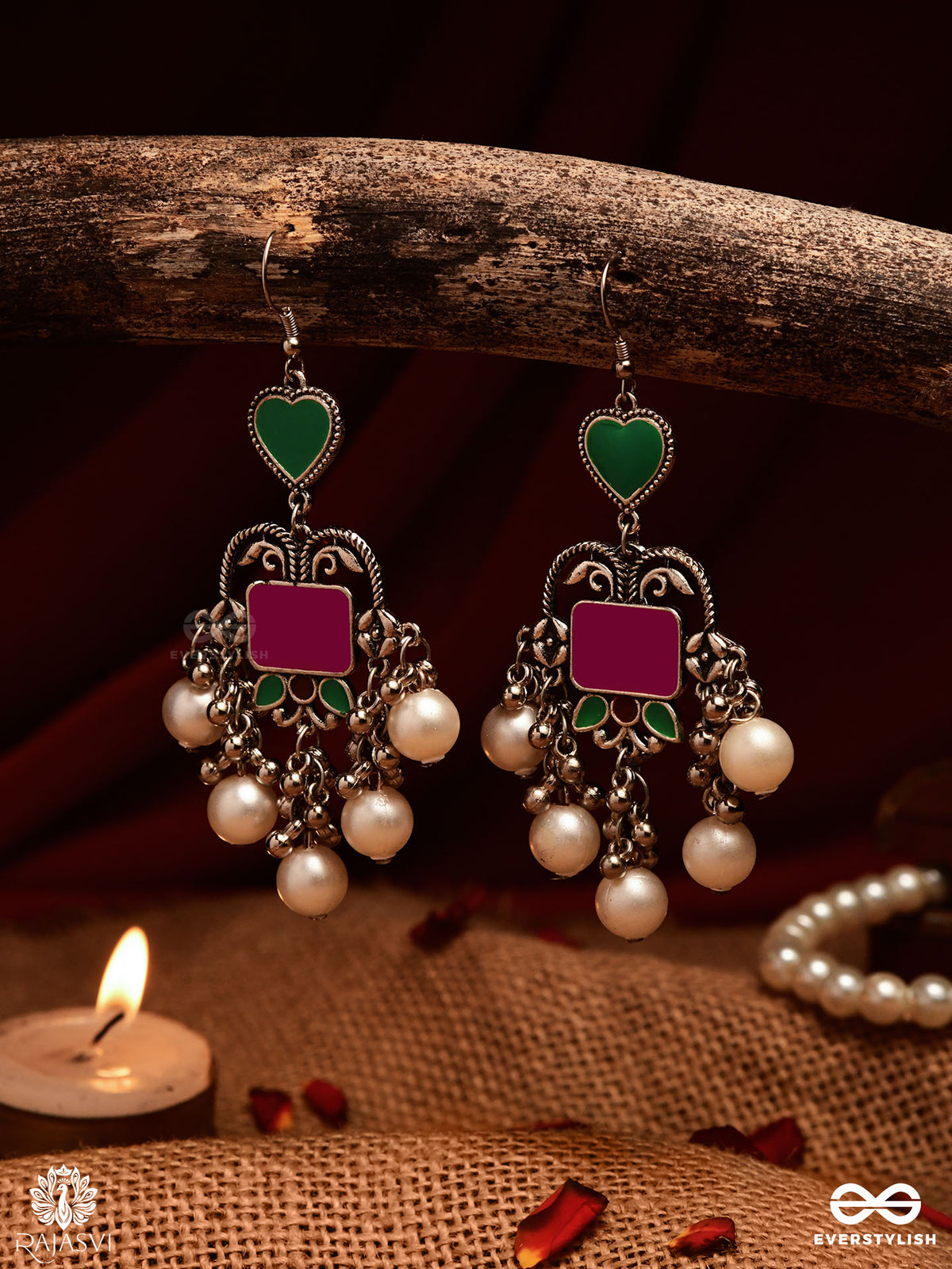 Heart & Heritage - Oxidised Jodhpuri Jhumkas With Pearls And Enamel
