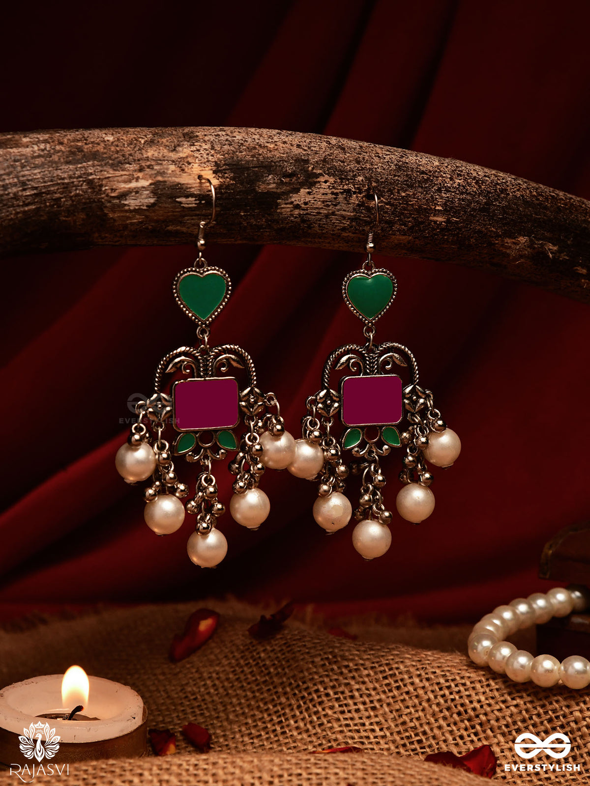 Heart & Heritage - Oxidised Jodhpuri Jhumkas With Pearls And Enamel
