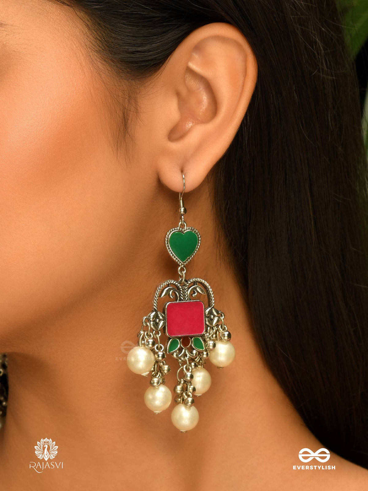 Heart & Heritage - Oxidised Jodhpuri Jhumkas With Pearls And Enamel