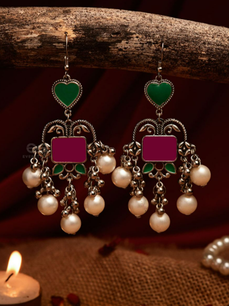 Heart & Heritage - Oxidised Jodhpuri Jhumkas With Pearls And Enamel