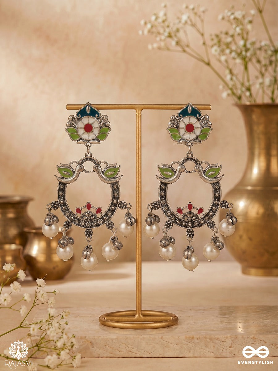 Birds Of Bliss - Oxidised Chandbali With Floral & Pearl Accents