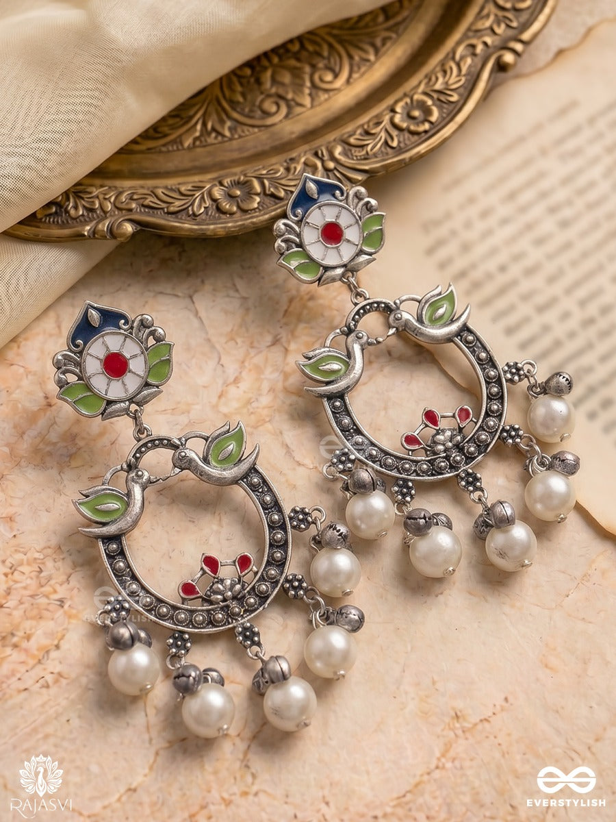 Birds Of Bliss - Oxidised Chandbali With Floral & Pearl Accents