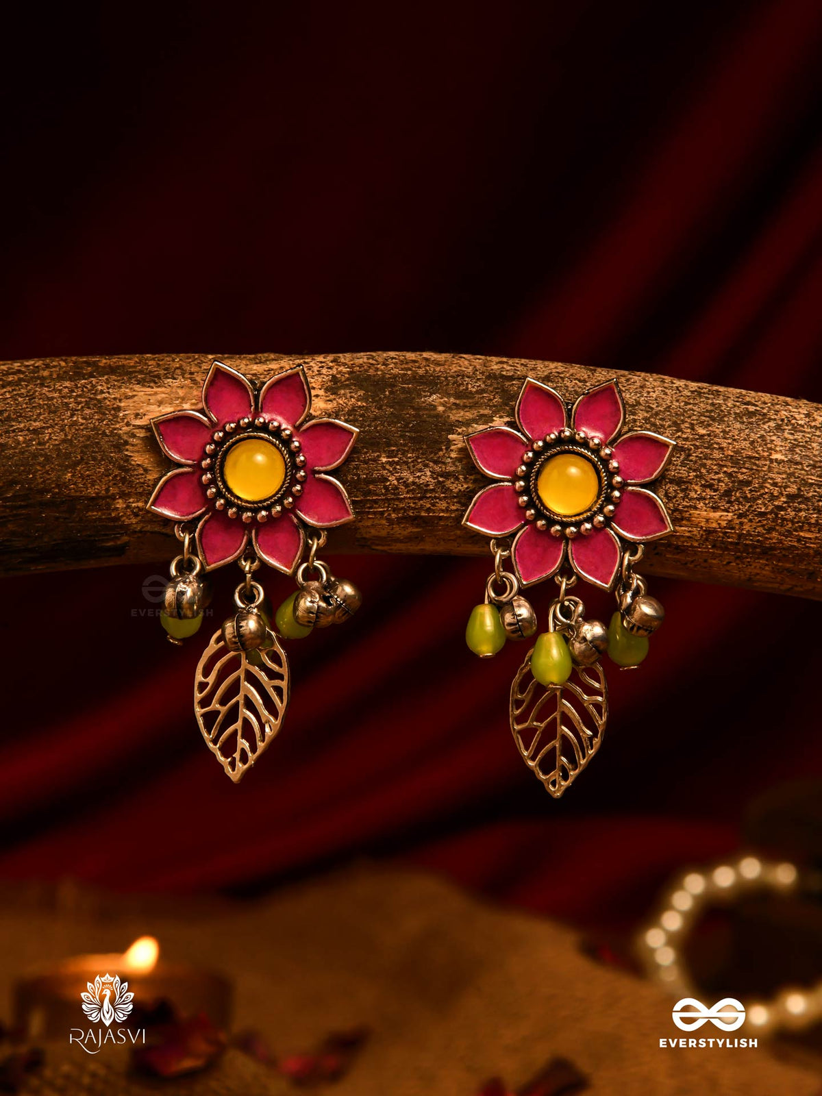 Desi Flora - Enamelled Oxidised Jodhpuri Jhumkas With Leaf Accents