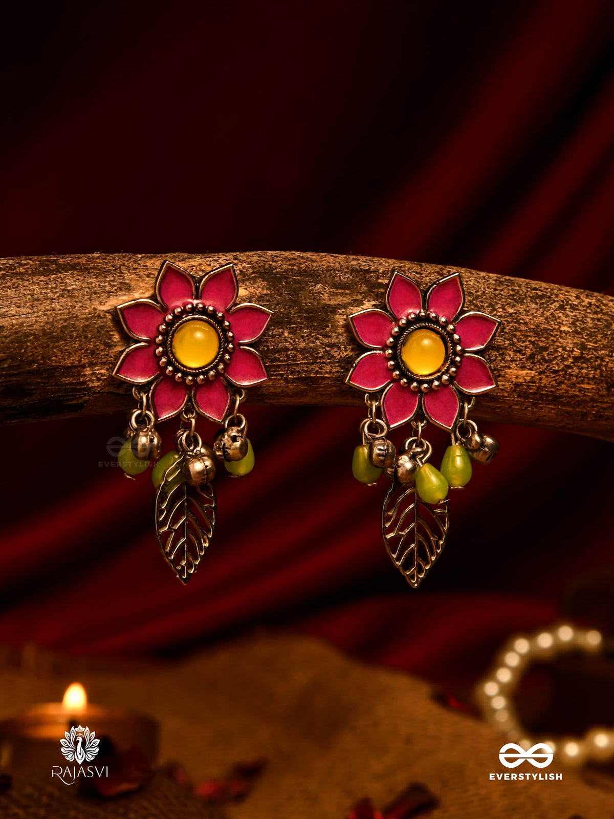 Desi Flora - Enamelled Oxidised Jodhpuri Jhumkas With Leaf Accents