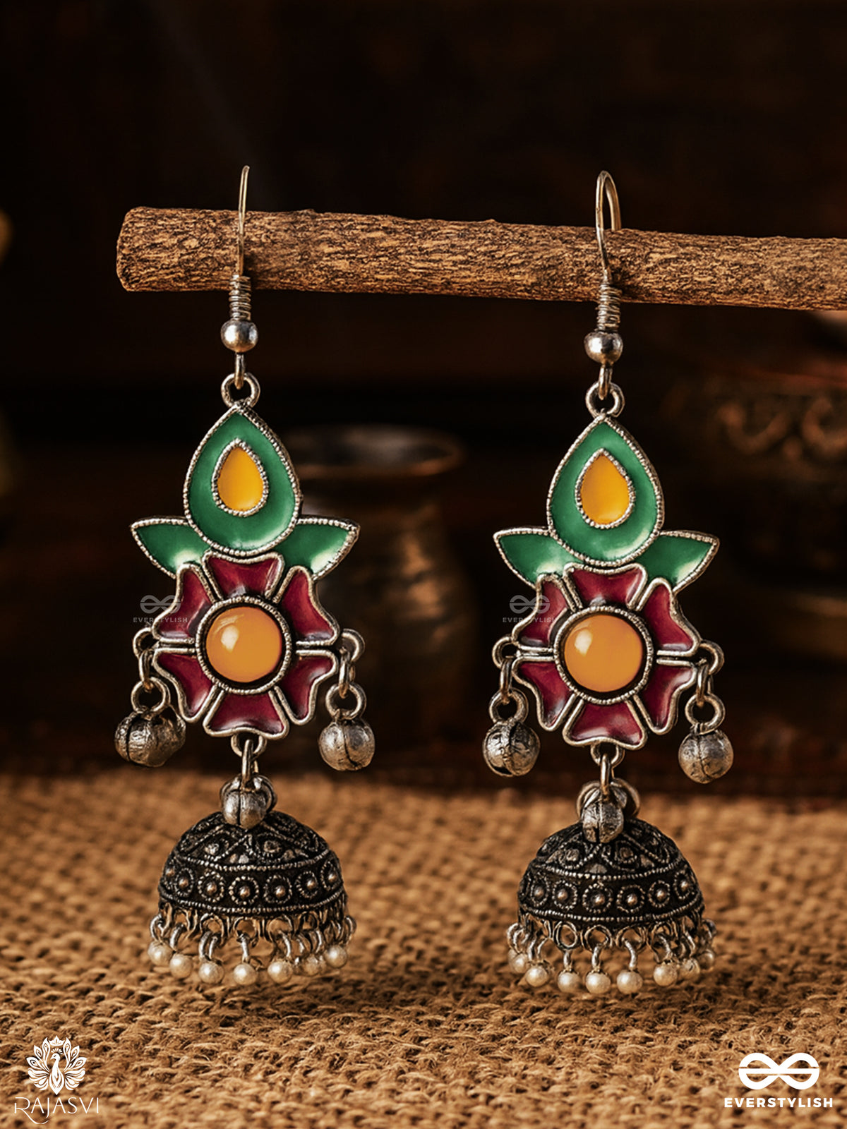 Phoolrang - Colorful Floral Oxidised Jodhpuri Jhumkas