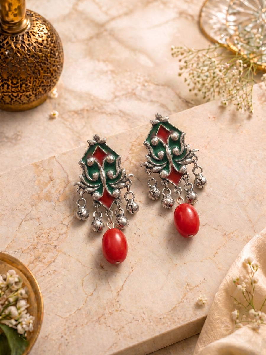 Rhythmic Roots - Oxidised Enamel Jodhpuri Jhumkas With Ghungroos