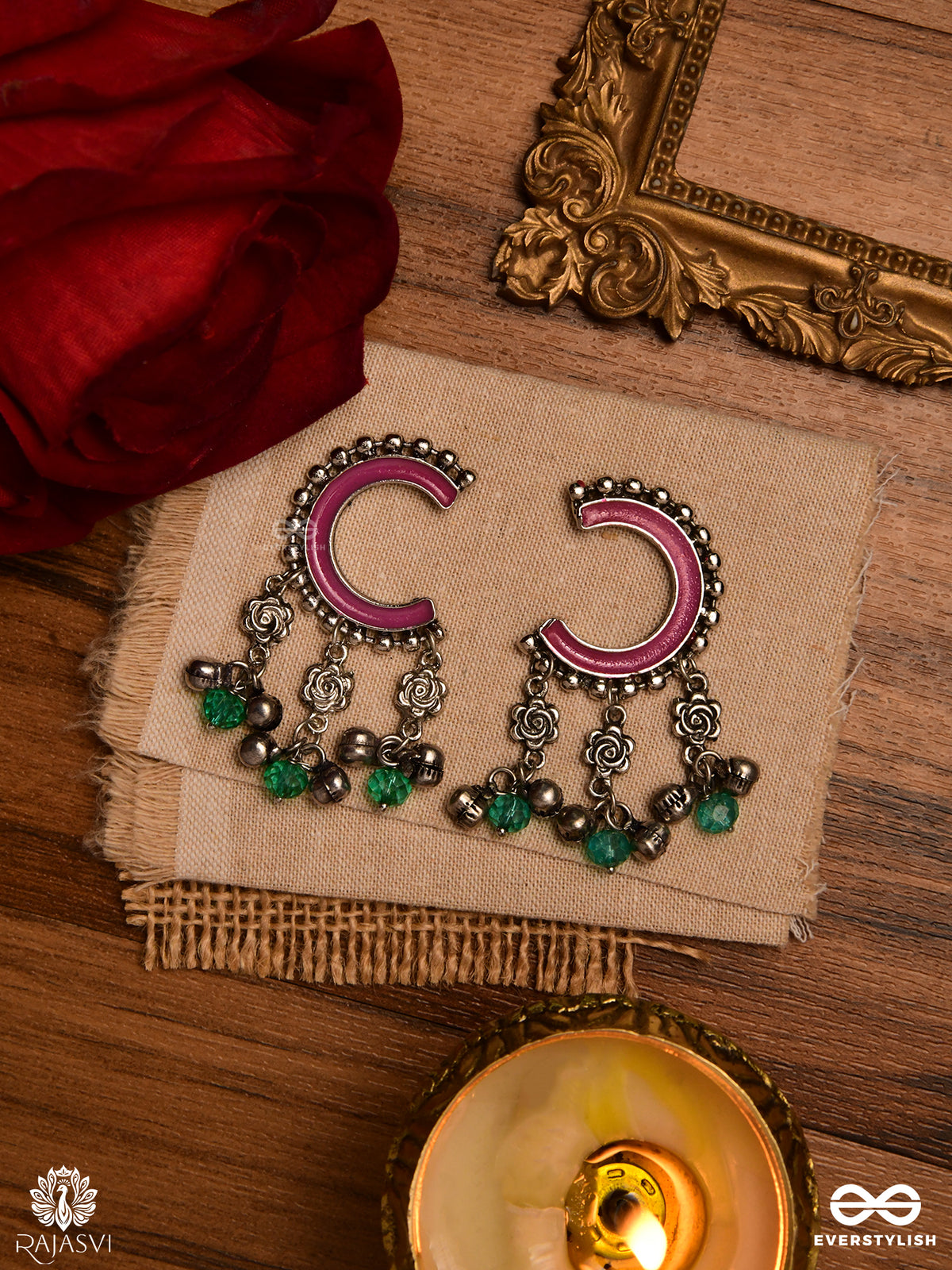 Crescent Bloom - Oxidised Enamelled Earring With Floral Charms