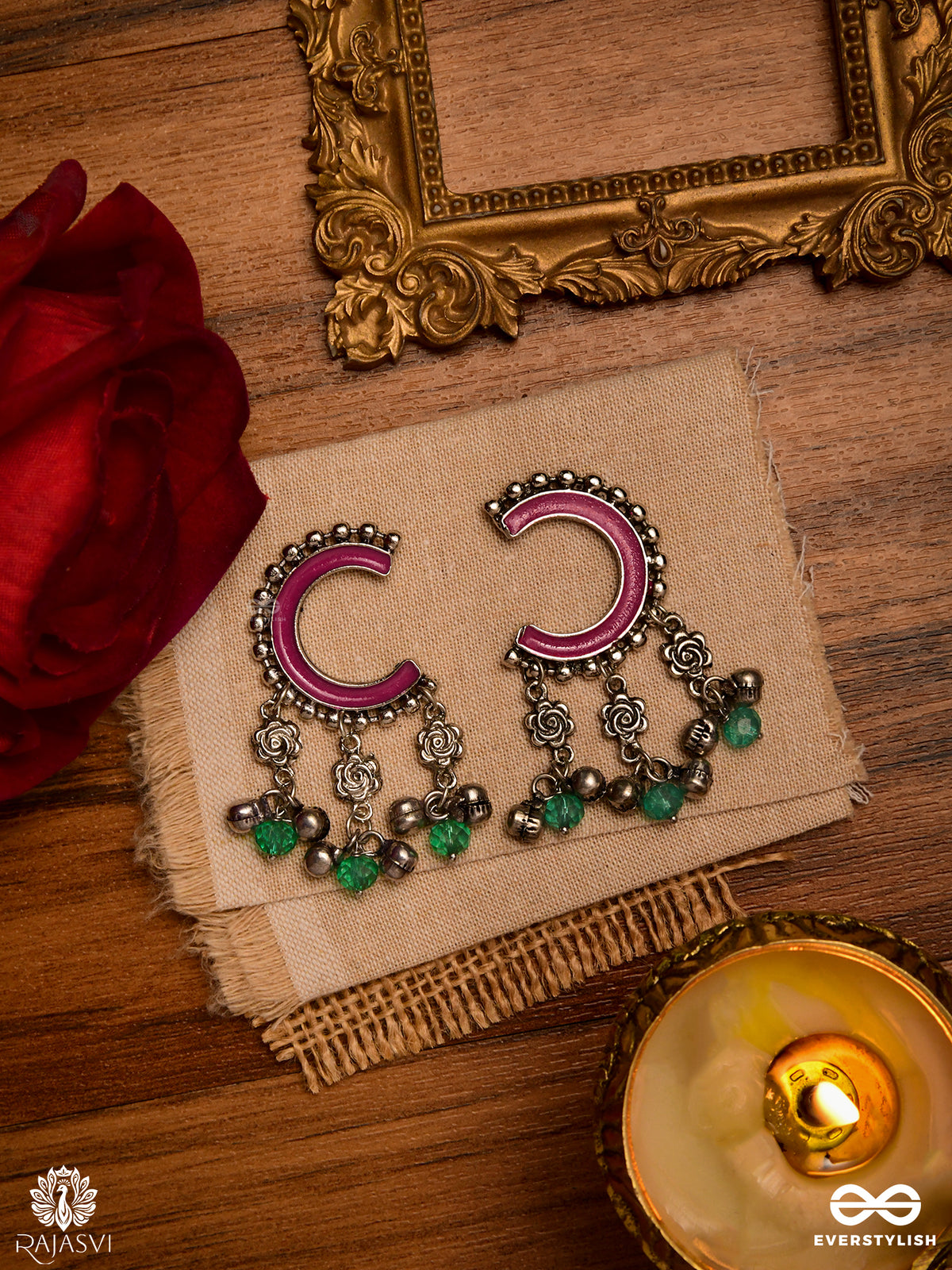 Crescent Bloom - Oxidised Enamelled Earring With Floral Charms