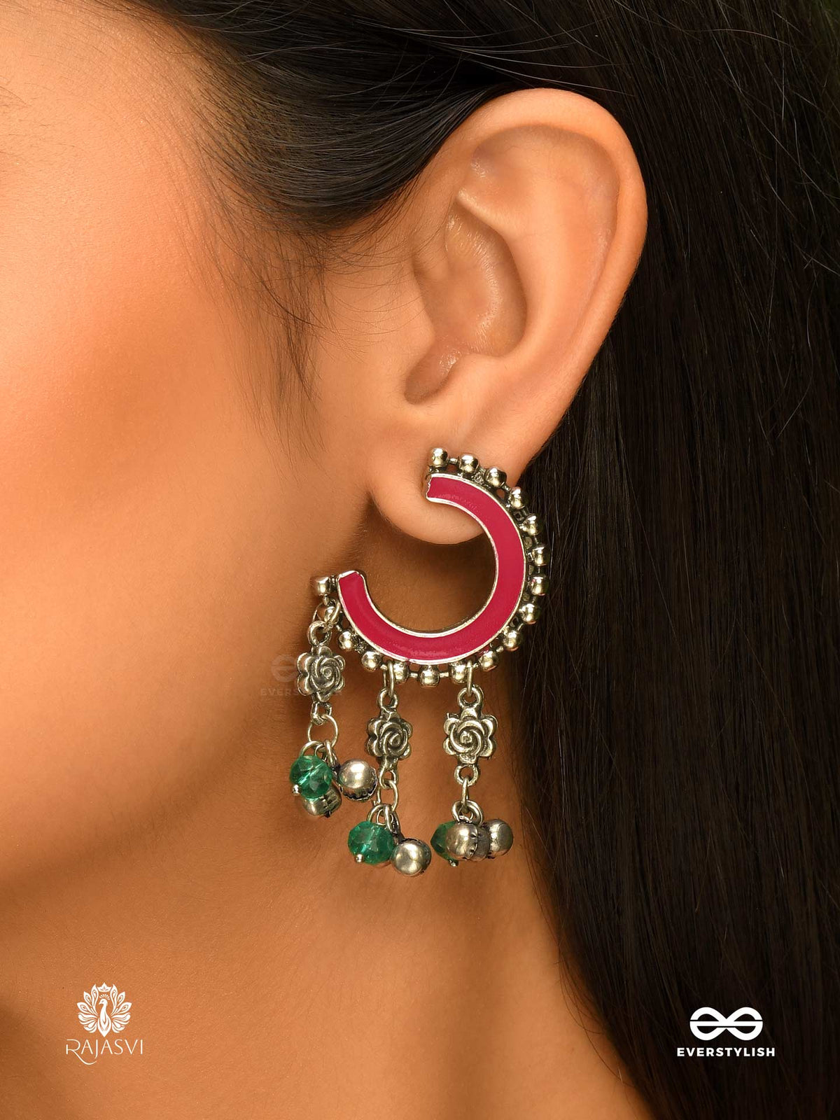 Crescent Bloom - Oxidised Enamelled Earring With Floral Charms
